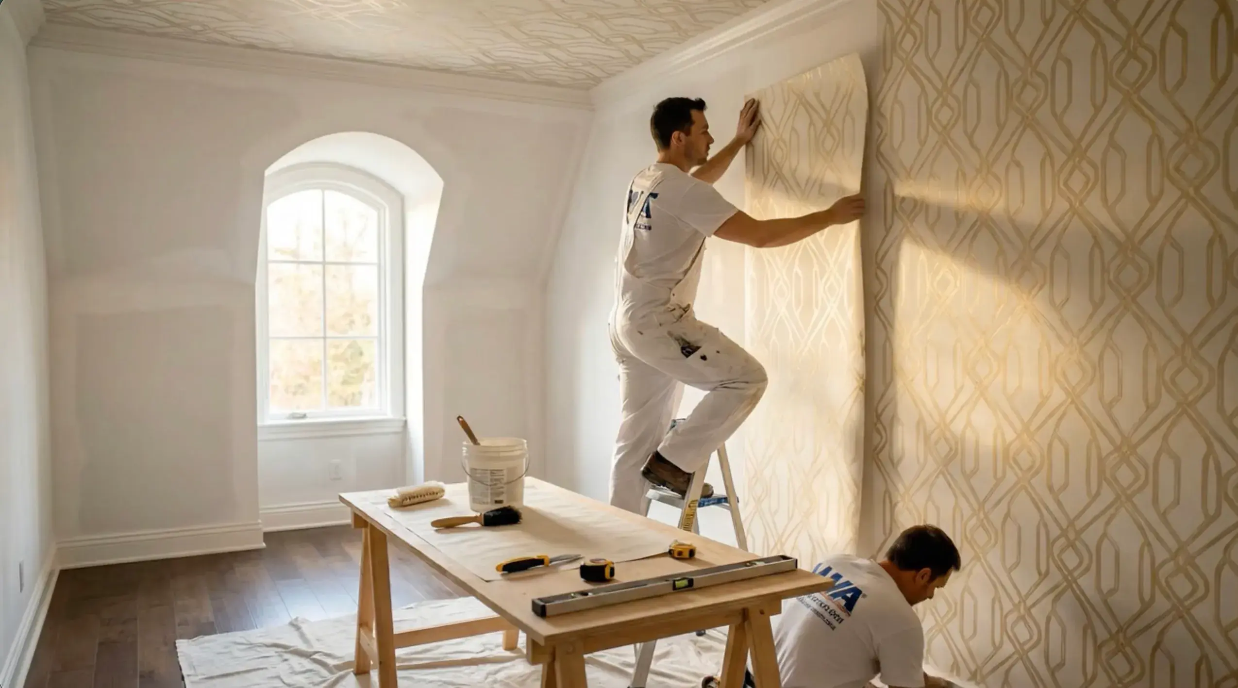 Wallpaper installers carefully aligning a wallcovering pattern